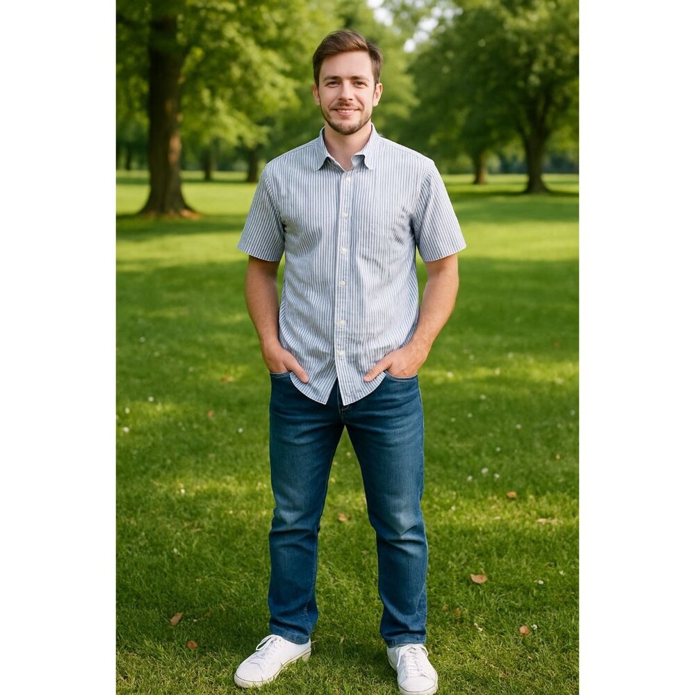 Lands End Oxford Shirt L Blue White Stripe Button Front Short Sleeve Corpcore